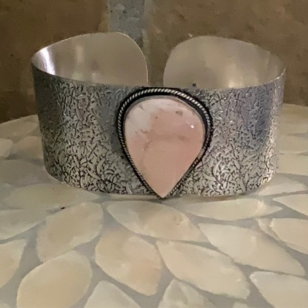 Natural Scolecite Boho Sterling Silver Teardrop Cuff Bracelet